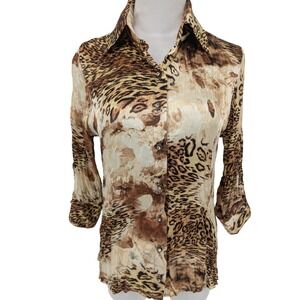 VTG Y2K Satin Crinkle Animal Print Blouse PS Rhinestone Button Indie Office Glam